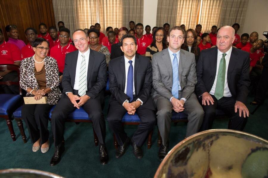 Methanol Holdings Trinidad Limited board members and Mrs. Rosemarie Abraham, Band Coordinator (left) await the arrival of His Excellency President Anthony Carmona during a Courtesy Call on Thursday May 28 2015 — at President's House St Ann's .
