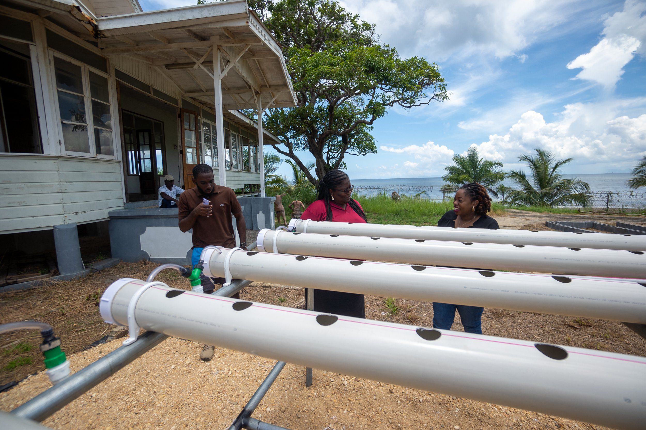   (L-R)   Youth President/ Assistant Programme Manager Jillon Lewis, Leader of the La Brea Police Youth Club Woman Corporal Jasmine Vesprey-David and Digicel Foundation Operation Manager- Cindy ann Currency do a detailed walk through of the ongoing agricultural project at New Lands, La Brea 