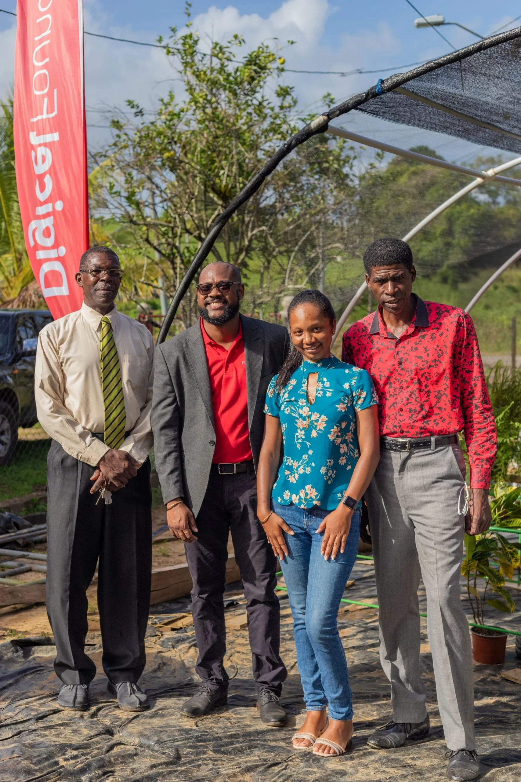   (L-R)  The Moruga 2050 Association for Sustainability Vice President-   Mr James Williams , Digicel Foundation Board Member – Jerren Lewis, The Moruga 2050 Association for Sustainability Secretary - Kerneil Mitchell, The Moruga 2050 Association for Sustainability President- Mr. Francis Paul stand for a photo op during the launch of the group’s project on Jan 7th. 
