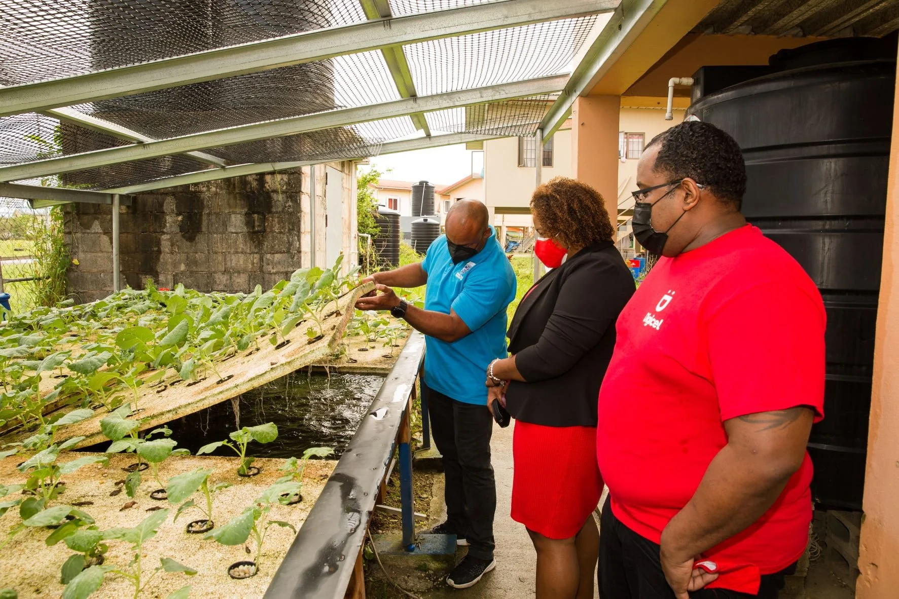   (L-R)  Digicel Senior VAS and billing Engineer, Mr. John Ramirez and Digicel Foundation Director, La Toya Gopaul looks on as Norman Sorzano - Greenvale Park Police Youth Club President give an in-depth look into the project. 
