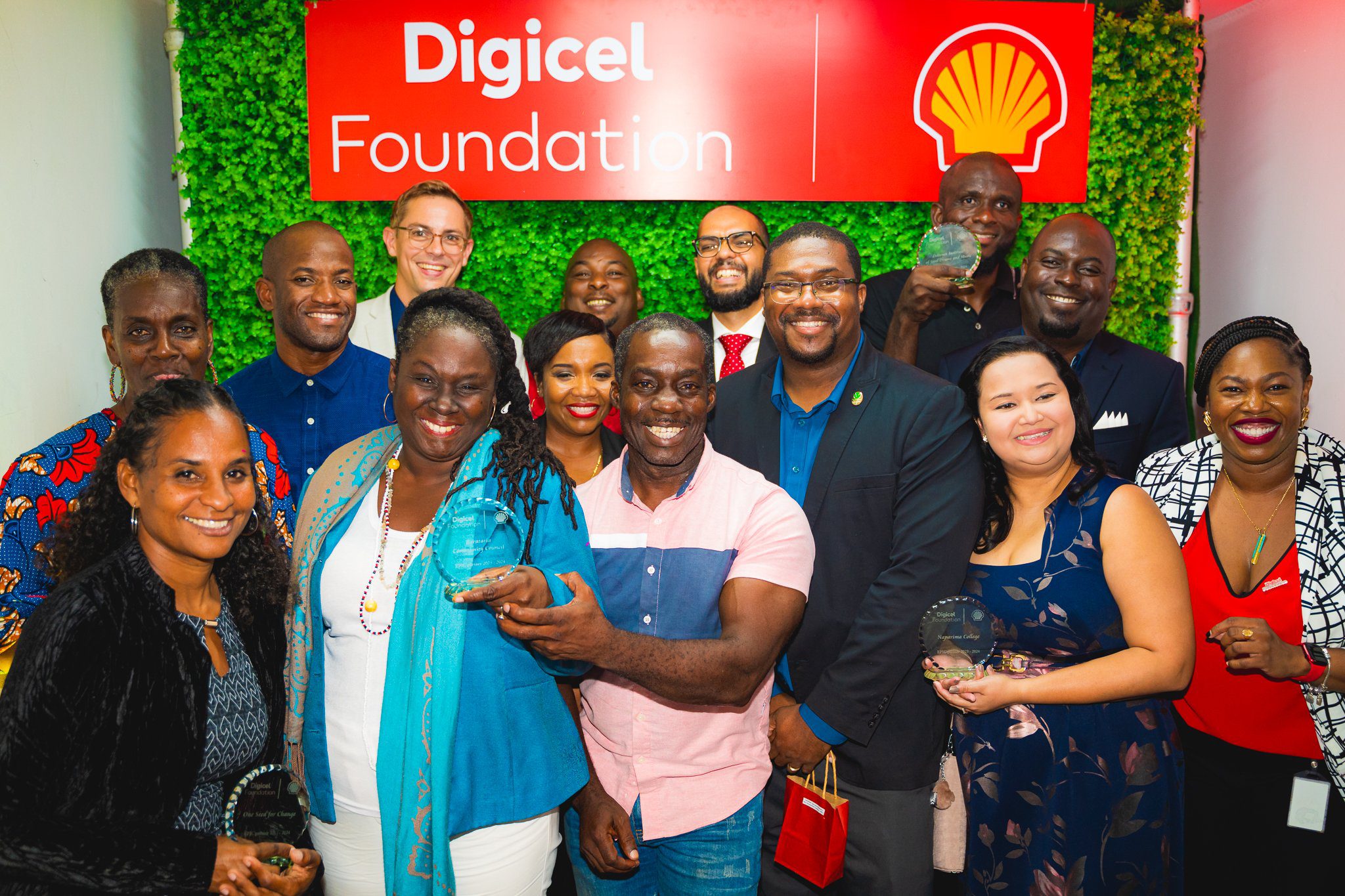 Working together for a sustainable future: Representatives from the Digicel Foundation and Shell pose alongside the 2023-2024 EPIC grant recipients at the Digicel Hospitality Suite in the Queen's Park Oval on 20 September 2023.