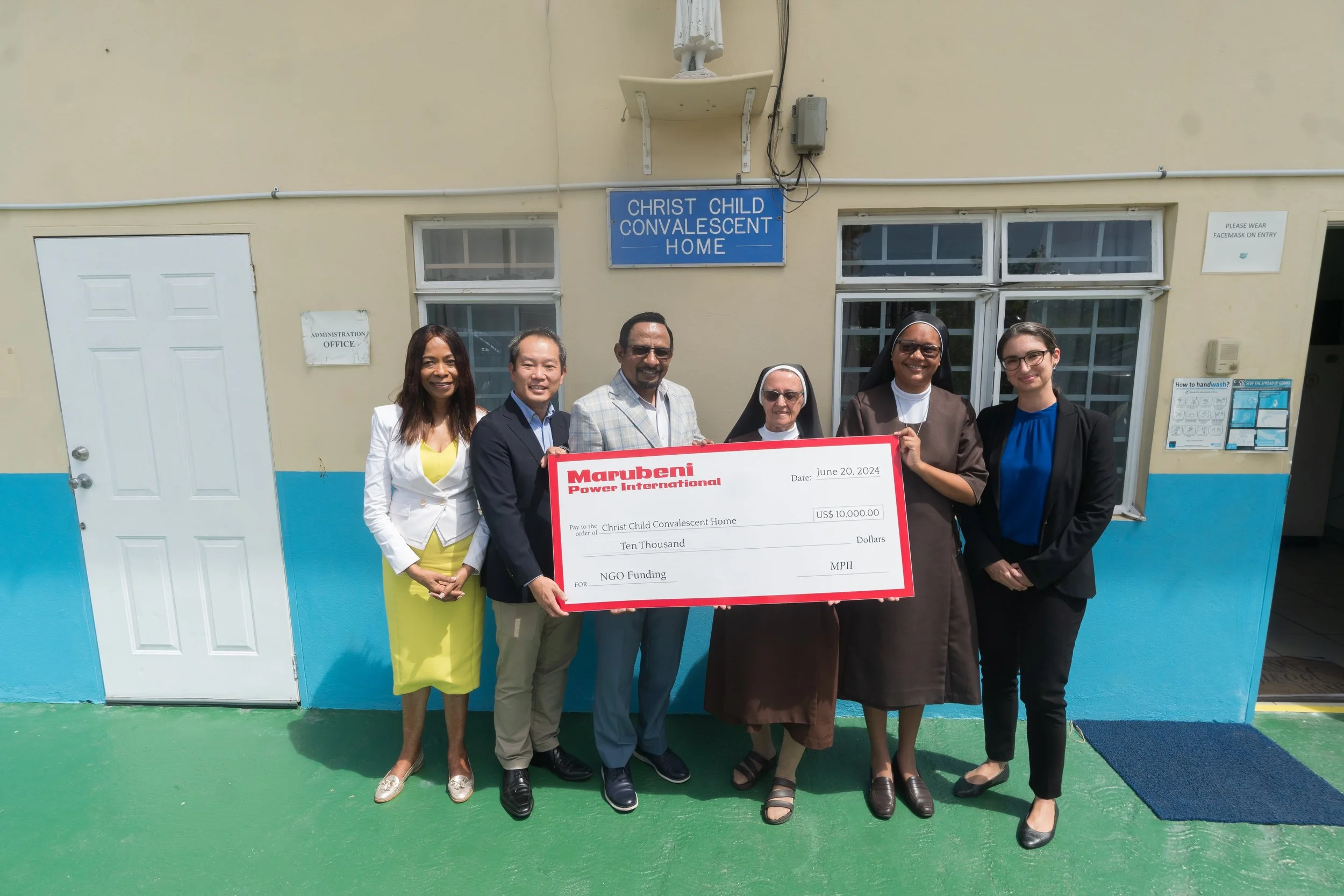 (L-R) Sandra Welch-Farrell, CEO of SWF&Co; Keisuke Harada, Senior Manager of Marubeni Power International; Mo Majeed, COO/ Managing Director Caribbean, Marubeni Power International; Sr. Annunciata De Souza, Manager, Christ Child Convalescent; Sr. Sarah Waterman, Principal Corpus Christi College, and Anna Lucie-Smith, General Manager of SWF&Co, at Christ Child Convalescent Home on June 20 2024.