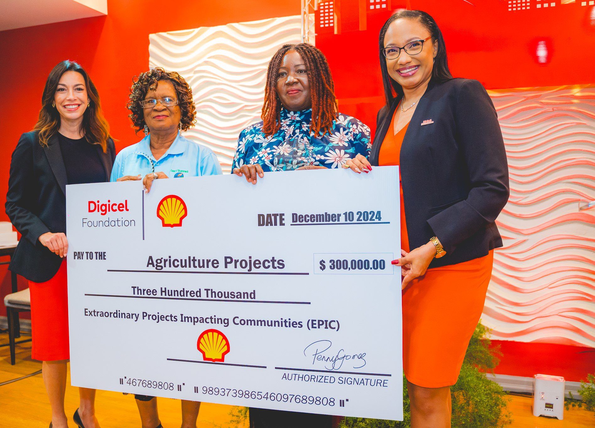  Digicel Foundation Directors with representatives of the two NGOs awarded EPIC grants in the Agriculture Category: (L-R) Sacha Thompson, Digicel Foundation Board Secretary; Gloria Coombs of Court Shamrock; Dr Susan Champman, Rincon Project Coordinator for Living Water Community, and Romona Boisselle-Romano, Digicel Foundation Board Director.  