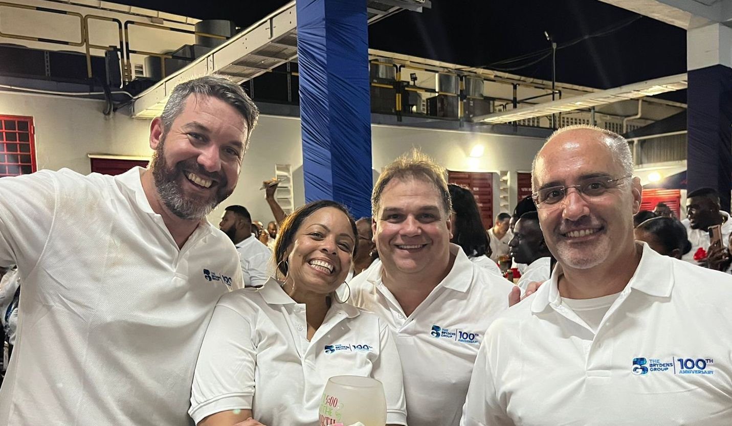 (L-R) Andrew Crooks, Managing Director, FT Farfan; Tiffany Reid, Brydens Group Head of Human Resources; David Franco, Regional Business Development Director, Premium Beverages, Brydens; and Gerard Conyers, Managing Director, Micon Marketing Limited at The Brydens Group 100th anniversary celebration on Friday 27th October, 2023.