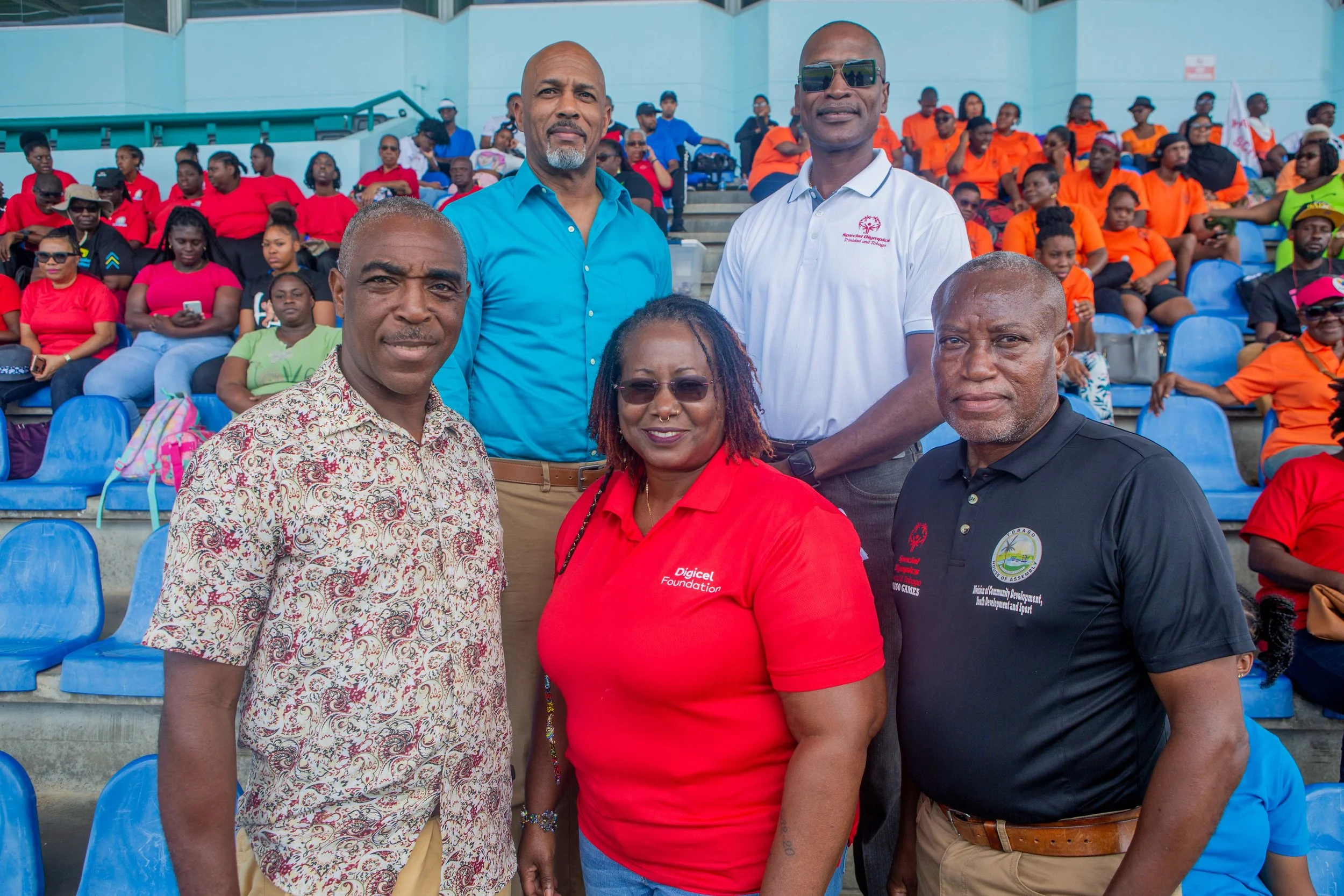 Top left to right : Jomo Pitt, Secretary of Sport and Youth Affairs, Tobago House of Assembly, Chairman of Special Olympics Trinidad and Tobago, Major David Benjamin Bottom left to right : Assistant Secretary of Community Development, Youth Development and Sports, Assemblyman Wane Clarke, Digicel Foundation Director, Georgina Peterkin, Special Olympics of Trinidad and Tobago National Sport Director, Ferdinand Bibby all pose together during the Tobago leg of the Special Olympics T&T (SOTT) National Games 2024.