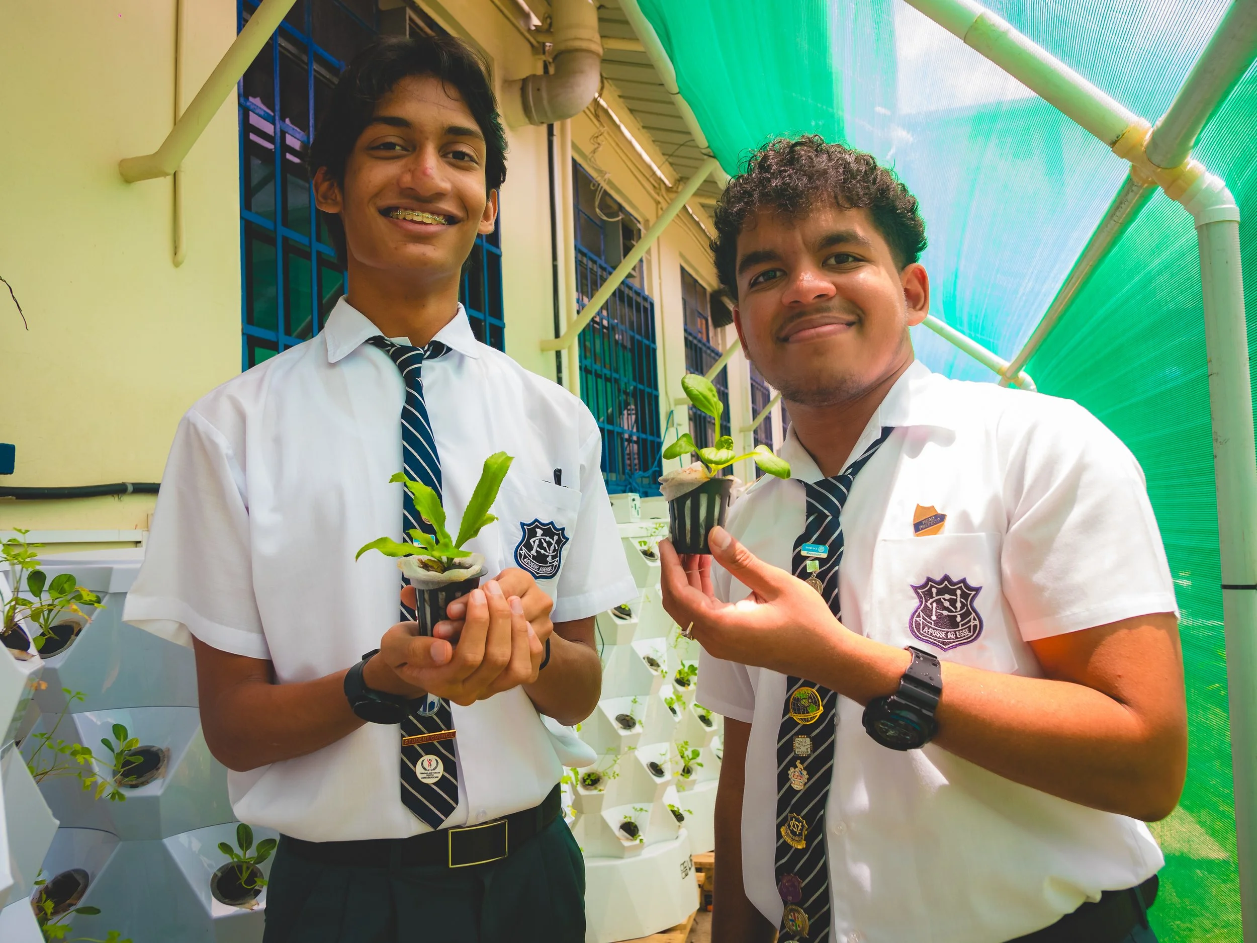 Proud of their produce! (L-R ) Students Bryan Balkissoon and Kristopher Mohamed, executive members of the Naparima College Interact Club, took media and stakeholders on a tour of the school’s hydroponics system on Tuesday 23 April 2024.
