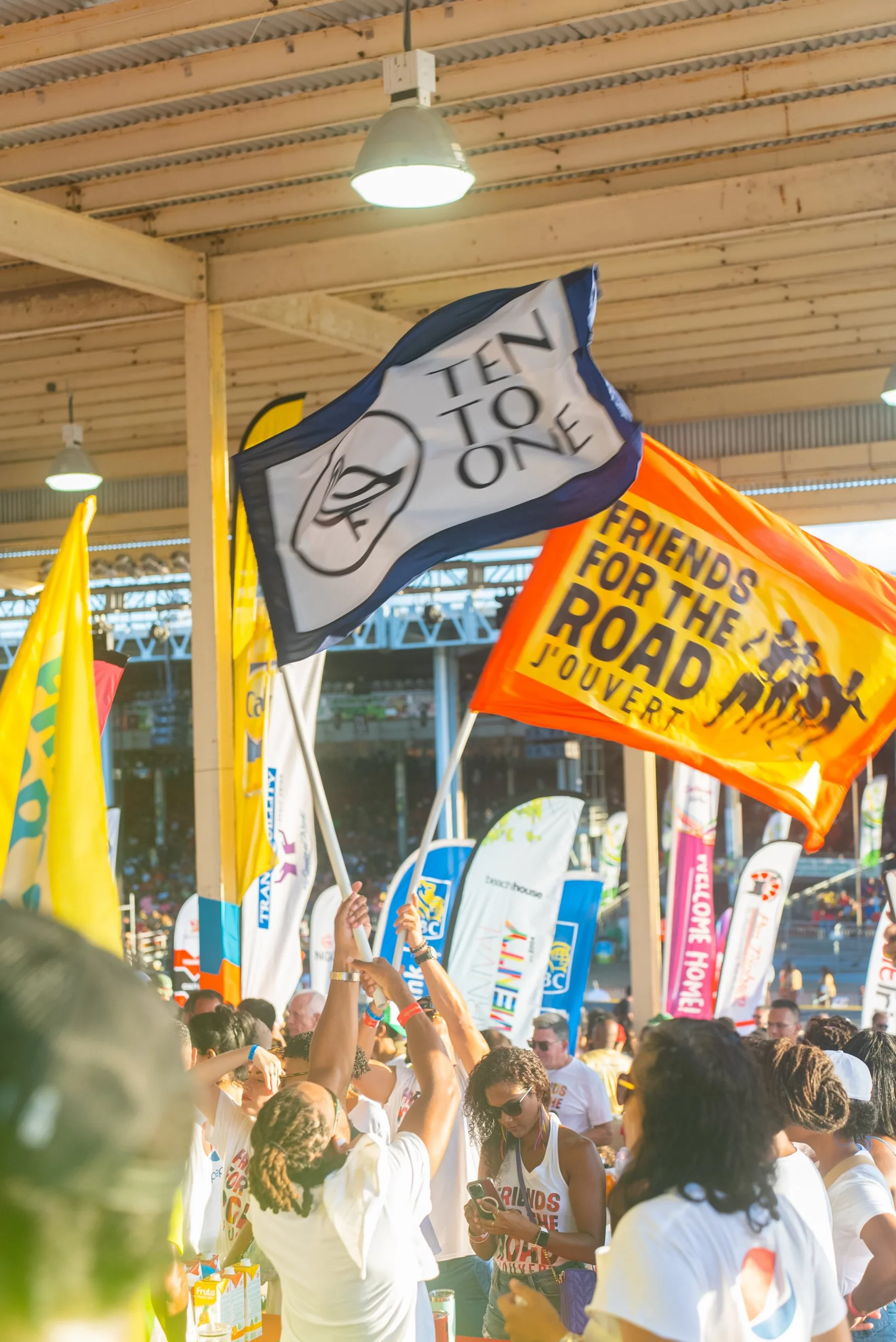 Ten to One and Friends for the Road flags standing tall at the North Stand, Panorama Semi-Finals on Sunday 28th January 2024.