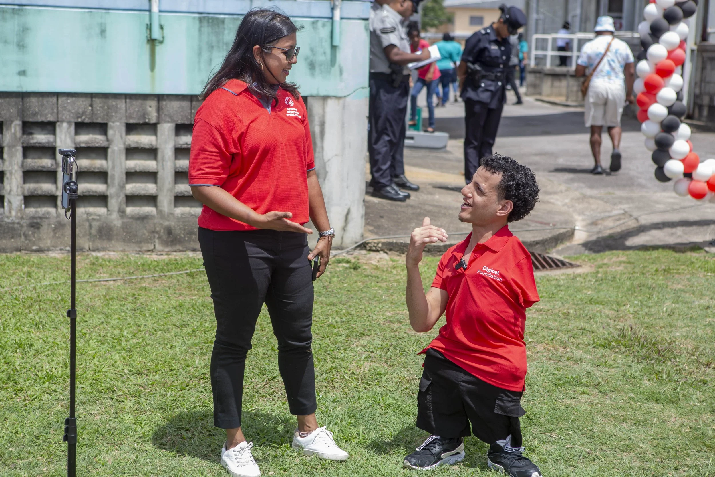  DJ Joe Brien and Digicel Foundation Chairman Desha Clifford at the Opening Ceremony of the 2024 SOTT National Games at Mannie Ramjohn Stadium on 4 May.   