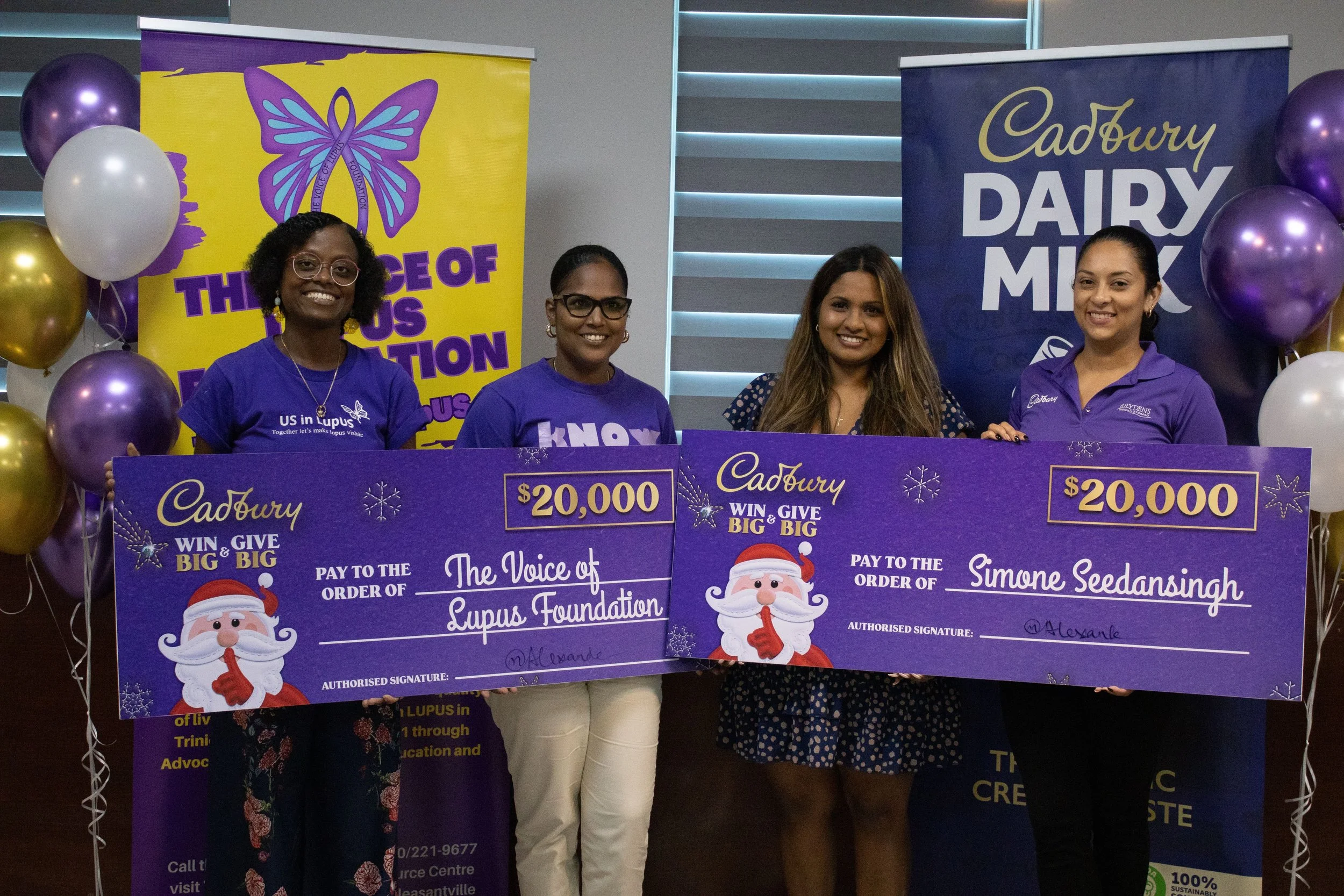 (L-R) Shachia Strachan – Youth Ambassador for The Voice of Lupus Foundation, Dana Hinds Allain – Ambassador for The Voice of Lupus Foundation, Simone Seedansingh – Cadbury’s Promotion Winner, and Cherysse Alexander – AS Bryden & Sons Ltd, Group Product Manager for Food & Grocery Division.