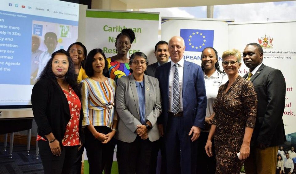 CANARI Executive Director Ms. Nicole Leotaud (second from right) and Technical Officer Ms. Candice Ramkissoon (third from left) stand with Ms. Joanne Deoraj, Permanent Secretary in Ministry of Planning & Development (sixth from right); former EU Ambassador Aad Biesebroek (fourth from right); Mr. Reuben Robertson, Acting Resident Coordinator of UN Trinidad and Tobago (first from right); Mr. Davin Jagessar, Asst. Programme Coordinator from the Ministry of Planning & Development (fifth from right); and other key civil society representatives at the launch of the Sustainable Development Goals Knowledge Platform in 2019.