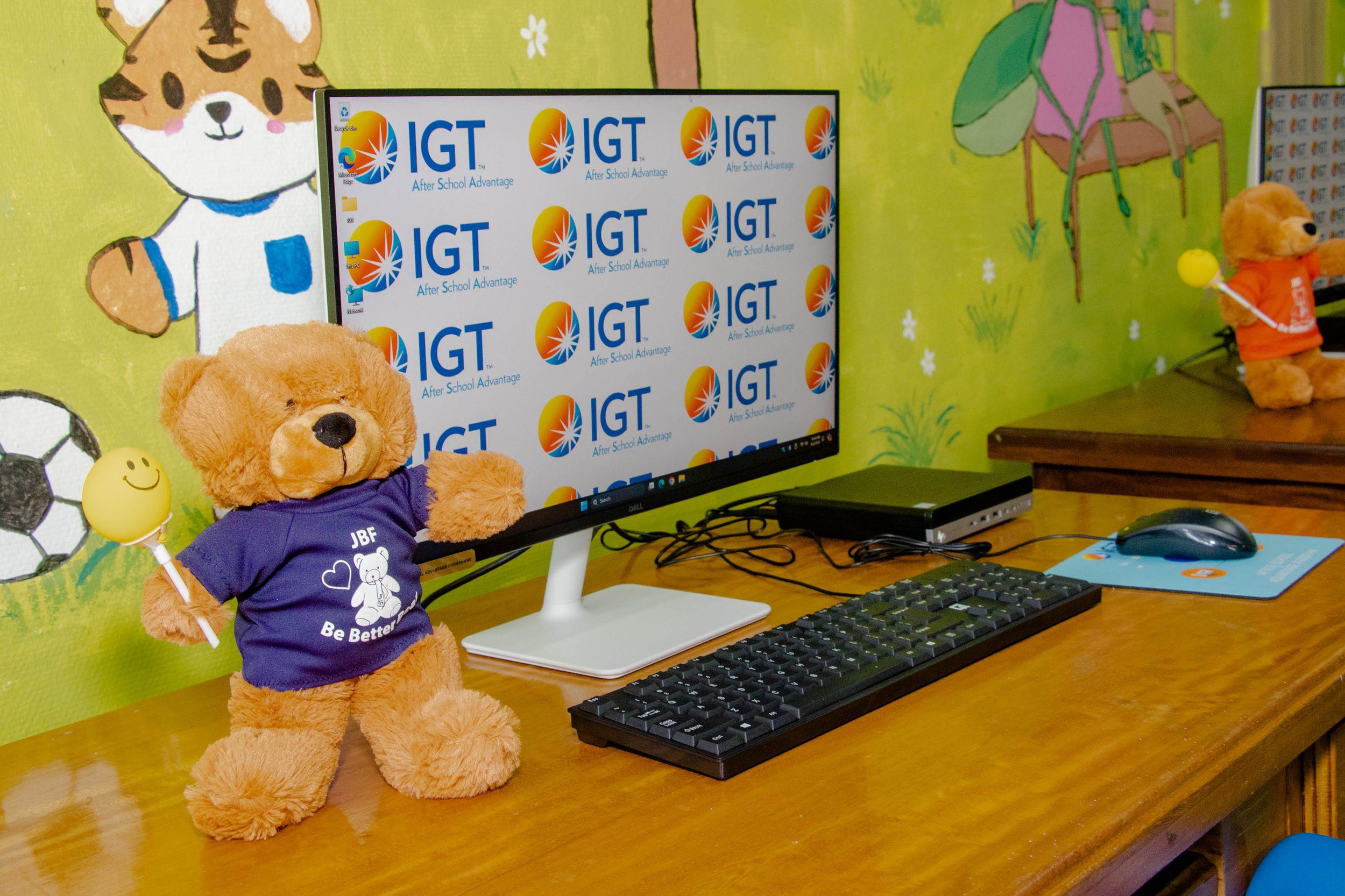 A JBF Be Better Bear on display in the IGT After School Advantage computer lab at the JBF Specialty Unit for children with cancer at Mt. Hope Hospital.