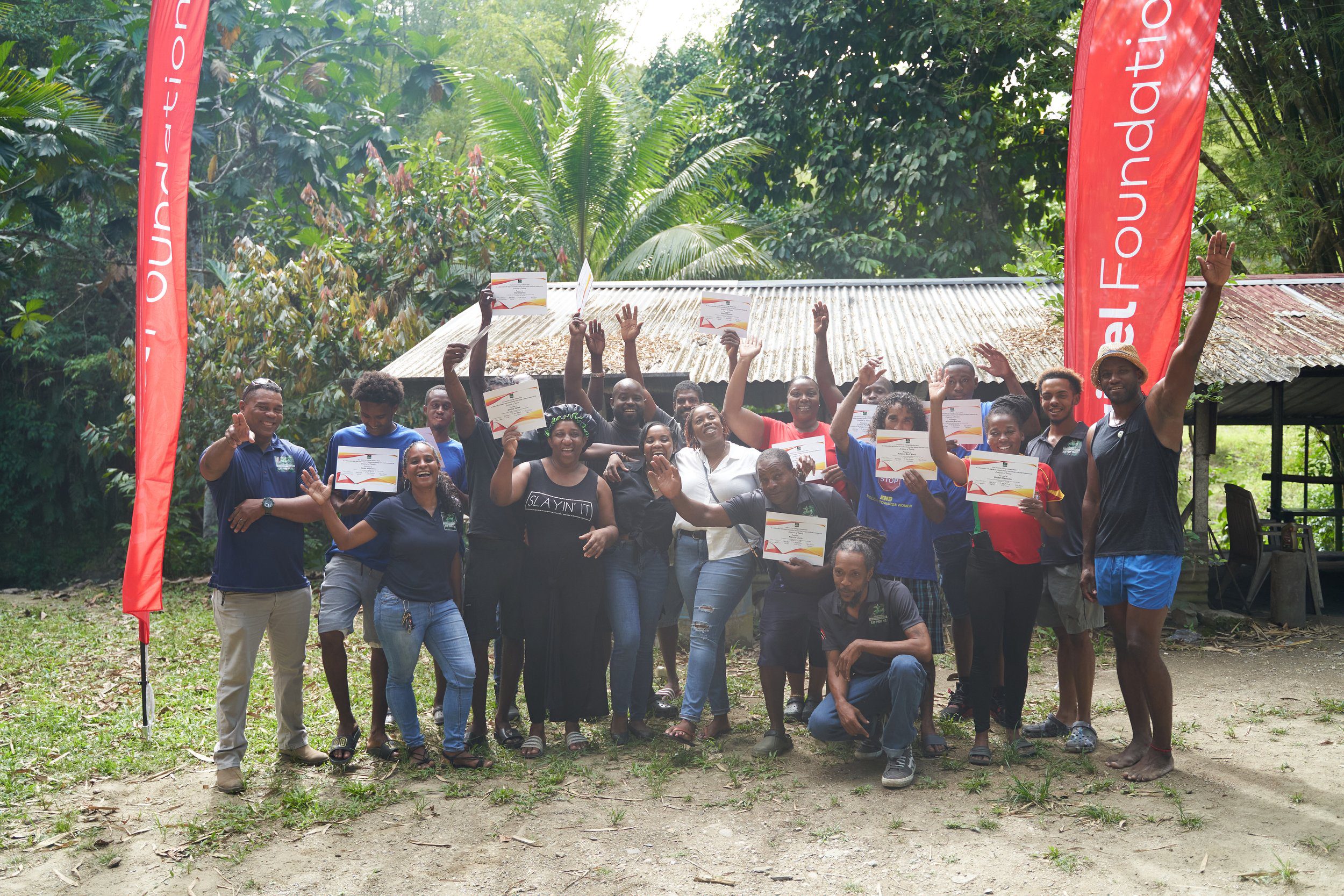 Wrapping up with a group shot! Members of The Digicel Foundation, Shell Trinidad and Tobago and the One Seed for Change Organization pose with residents of the Heights of Guanapo after receiving their certificates of participation on March 3rd.