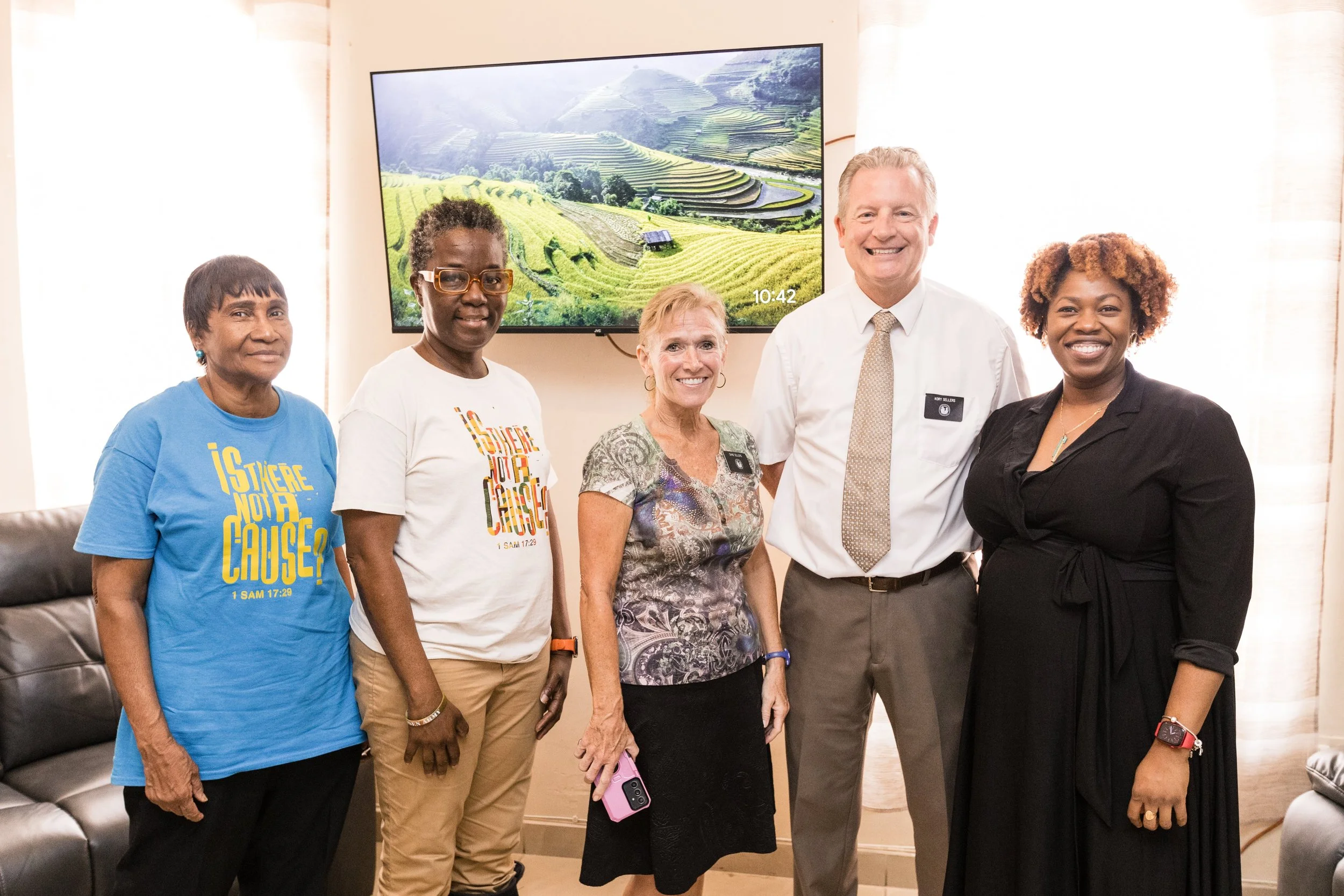(L-R) Ingrid Robertson and Avonnelle Hector-Joseph of ITNAC; Diane and Kory Sellers, Humanitarian Missionaries for the Church of Jesus Christ of Latter Day Saints; and Cindyann Currency, Head of Operations at the Digicel Foundation, at Bethel House on 8th July 2024.