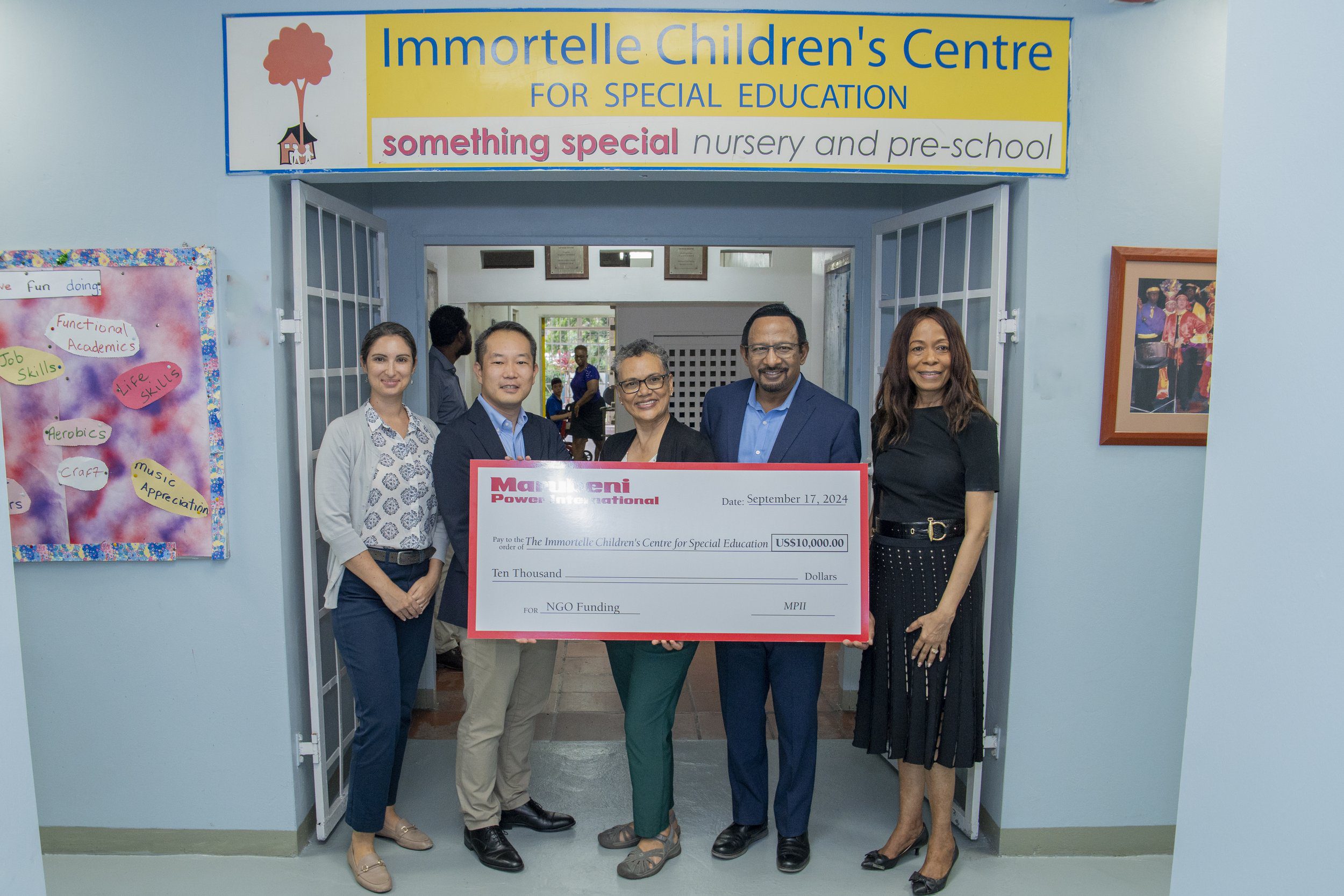 (L-R) Anna Lucie-Smith, General Manager, SWF&CO Public Relations ; Keisuke Harada, Senior Manager, Marubeni Power International Inc.; Charlene Gittens, Principal, Immortelle Children’s Centre for Special Education; Mo Majeed, COO/ Managing Director, Marubeni Power International Inc., and Sandra Welch-Farrell, CEO, SWF&CO Public Relations.