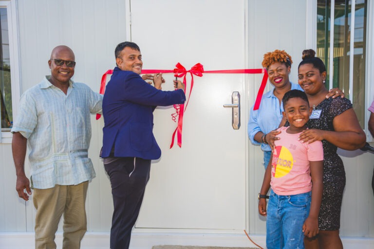 (L-R) Fyzabad United FC President, Andre Barnard; Siparia West/ Fyzabad Councillor Jason Ali; Digicel Foundation Head of Operations Cindyann Currency; and Principal Shanna Dindial (with her son) at the official opening of Ms Shanna’s El Roi Community Homework Centre in Fyzabad in 2026.